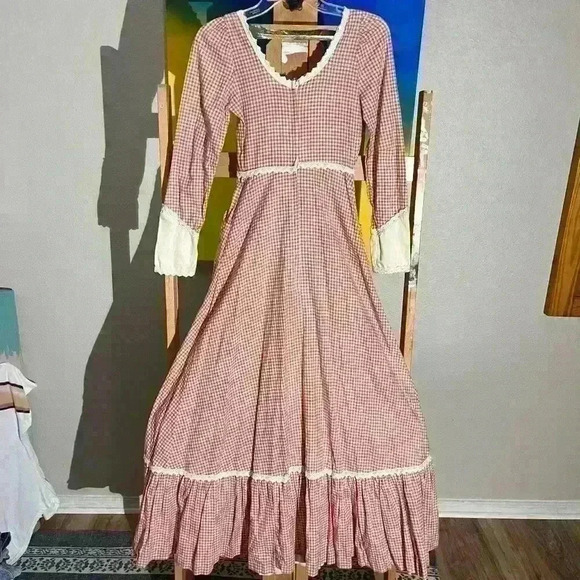 Gunne Sax By Jessica Vintage 70s Check Prairie Boho Corset Womens 5 XXS Dress - Picture 2 of 7